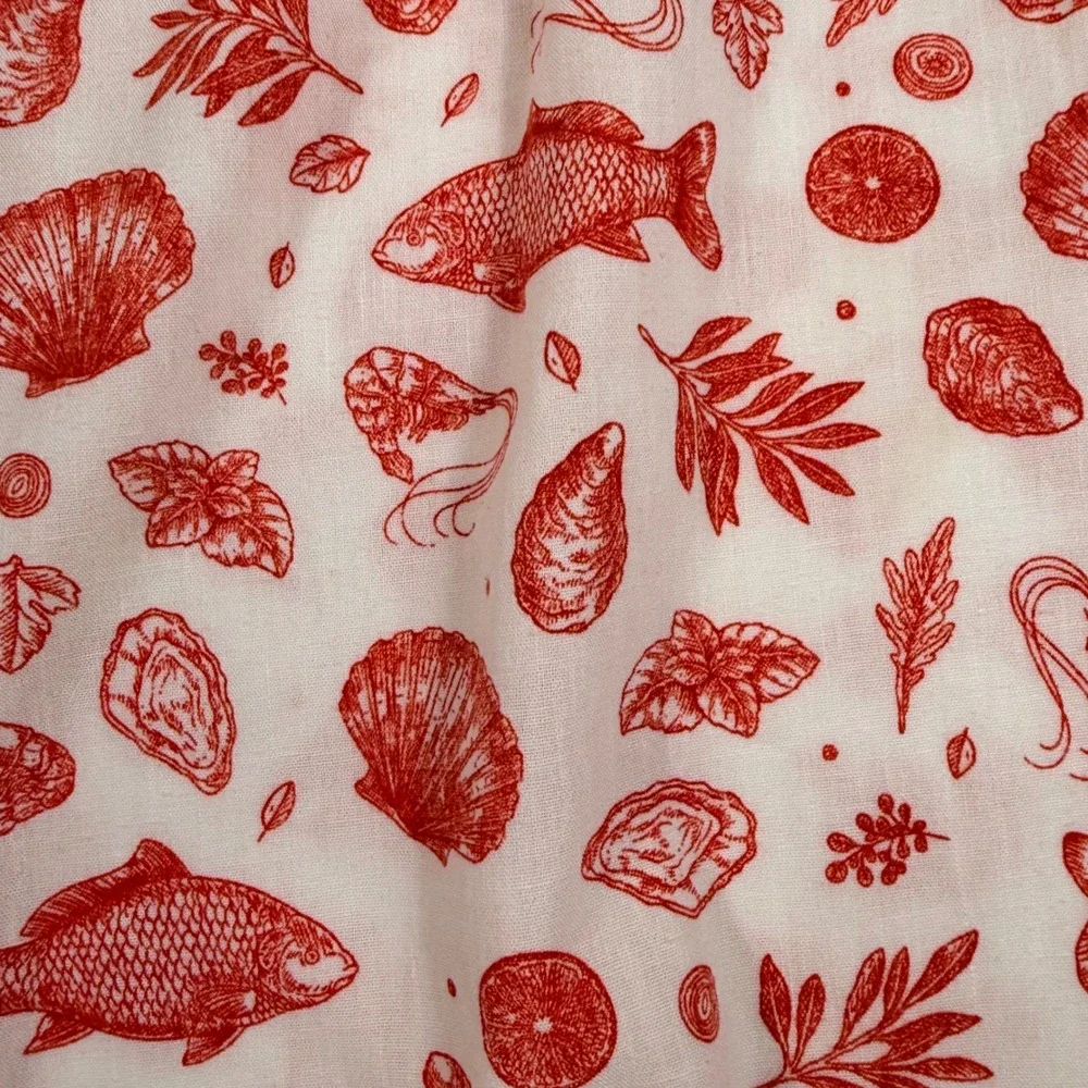 No Comment Pajama Pants M White Red Coastal Fish Shell Print Wide Leg RW436694